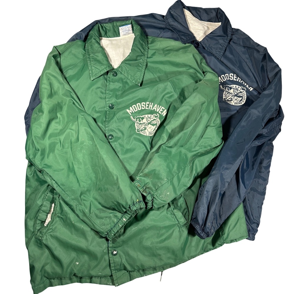 Lot of 2 Vintage Champion Windbreakers Coaches Jacket Bundle Green Navy Blue USA